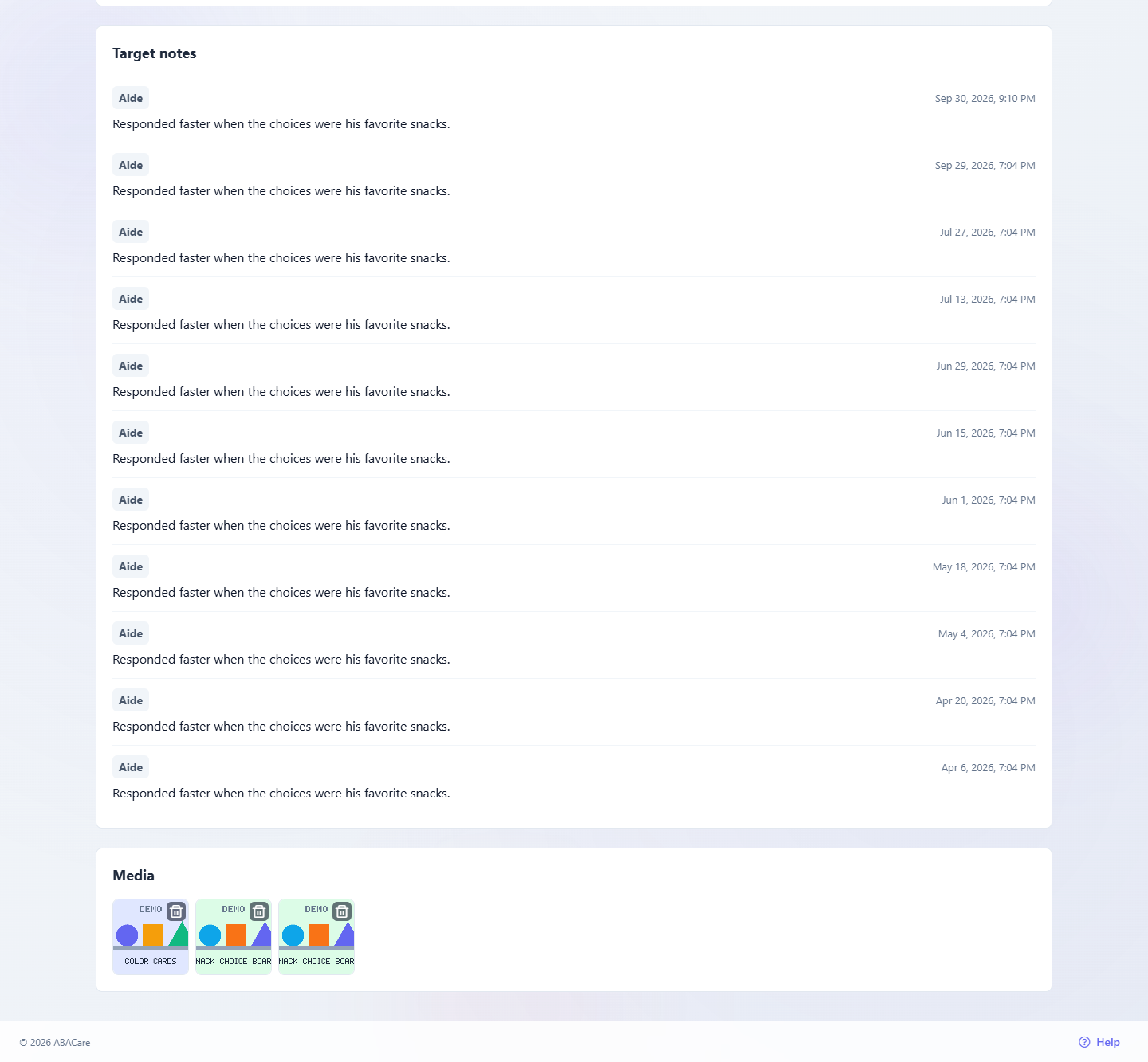 The Target notes and Media sections of a target page in the web app, with notes from several sessions and a grid of photos