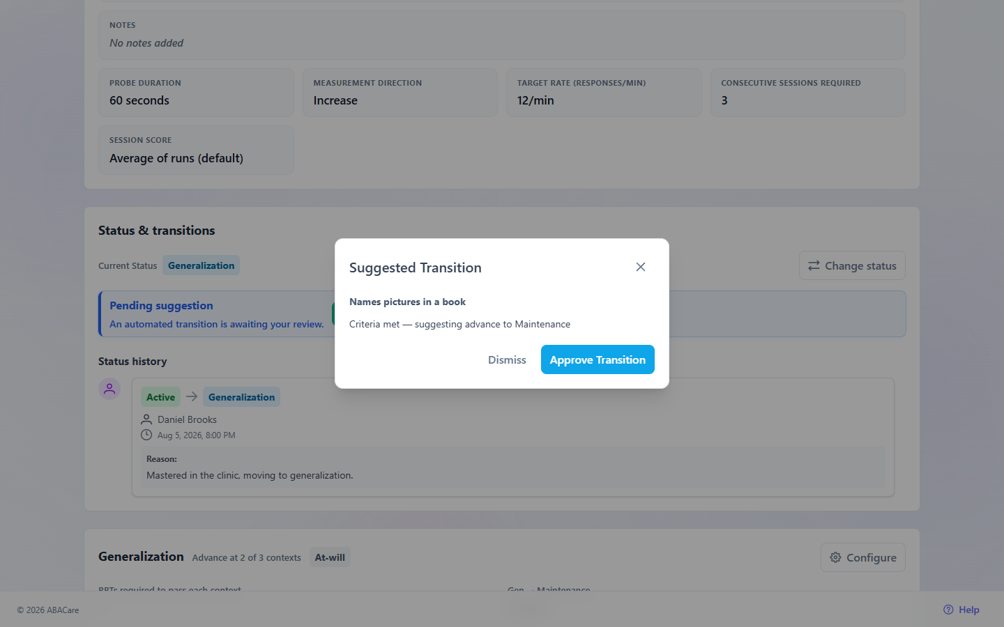 The Suggested Transition window in the web app over a target page, with the Dismiss and Approve Transition buttons