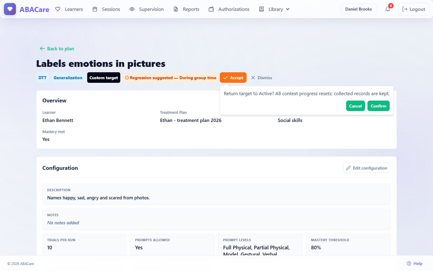 A target page in the web app with the Regression suggested badge next to the target name and the confirmation to return the target to Active