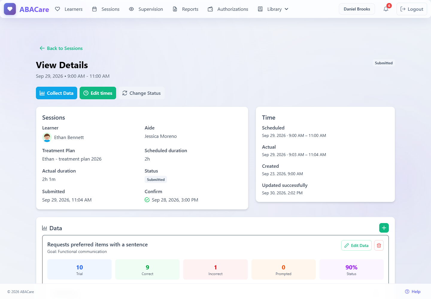 A submitted session in the web app with the Edit times and Change Status buttons, the times and the Data card