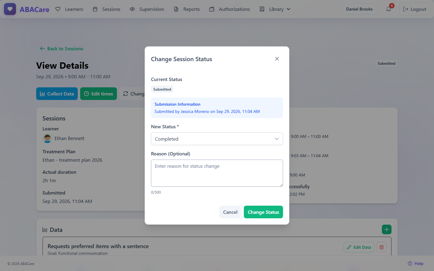 The Change Session Status window in the web app with the submission information and Completed picked as the new status