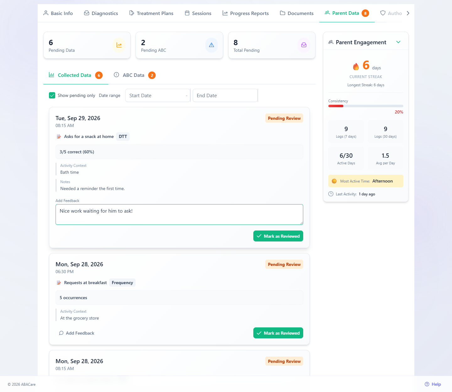 The Parent Data tab of a learner in the web app, with the pending counts, the Collected Data list and feedback being written on a home practice entry