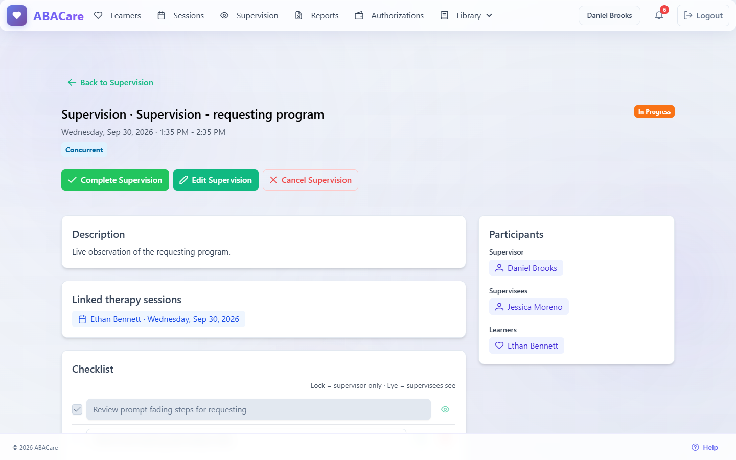 An in-progress supervision in the web app with the Complete Supervision, Edit Supervision and Cancel Supervision buttons
