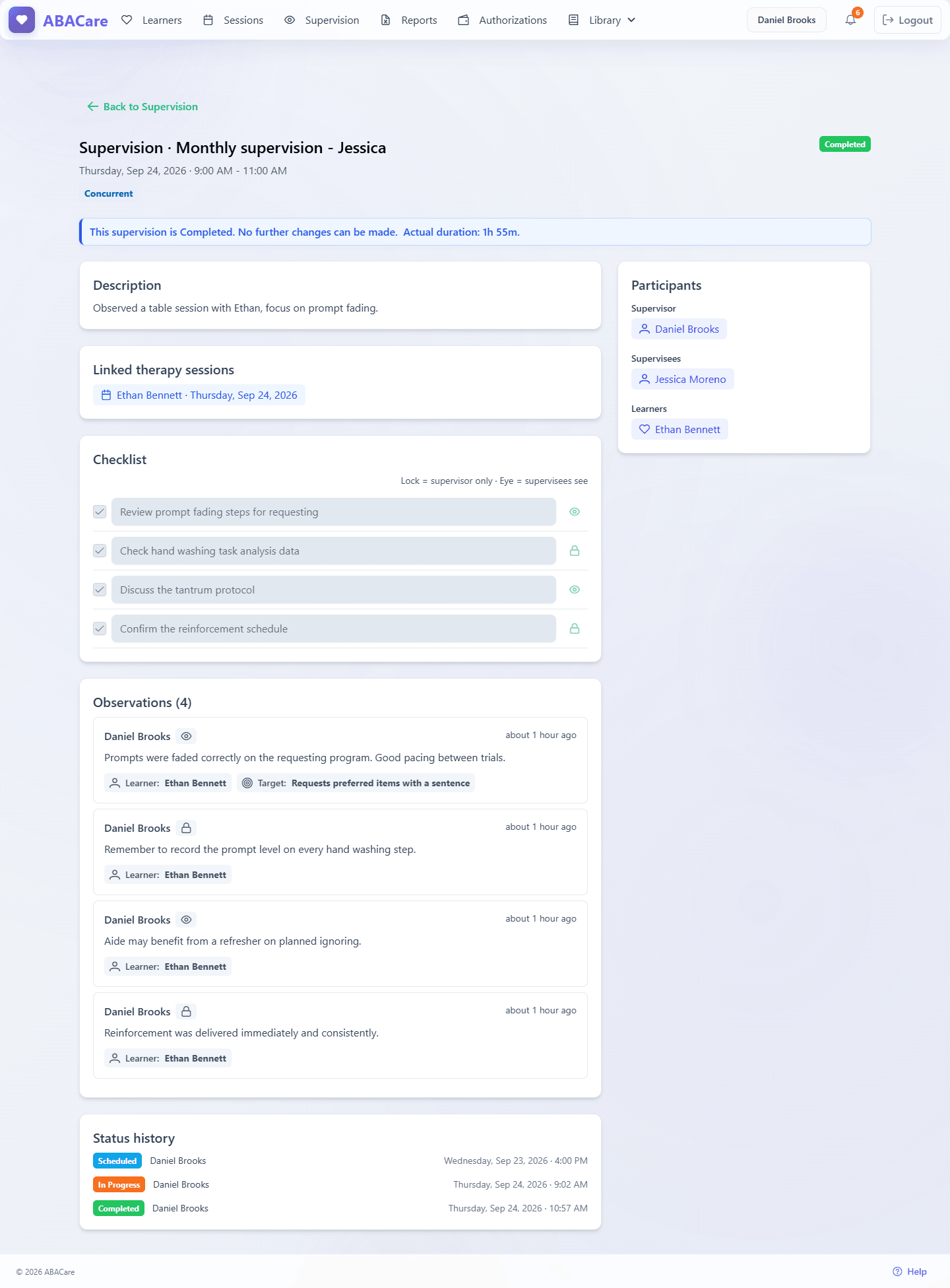 A completed supervision in the web app with the Completed banner, the actual duration and the Status history card