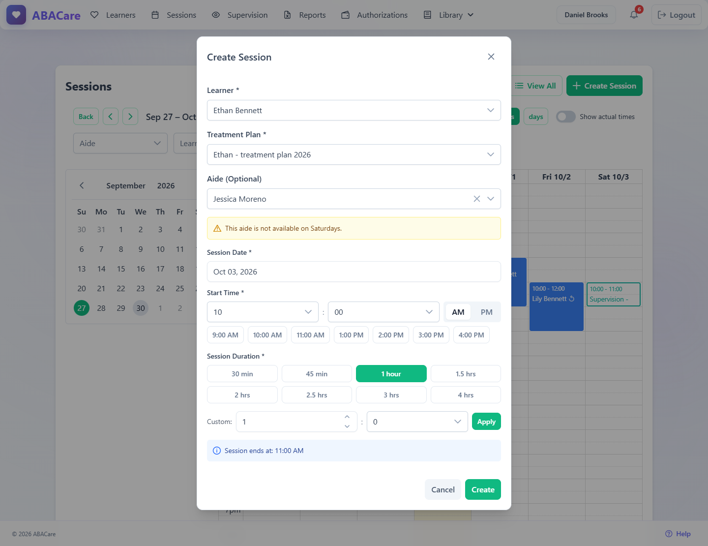 The Create Session window in the web app with learner, plan, aide, date, time and duration filled in and the aide availability warning