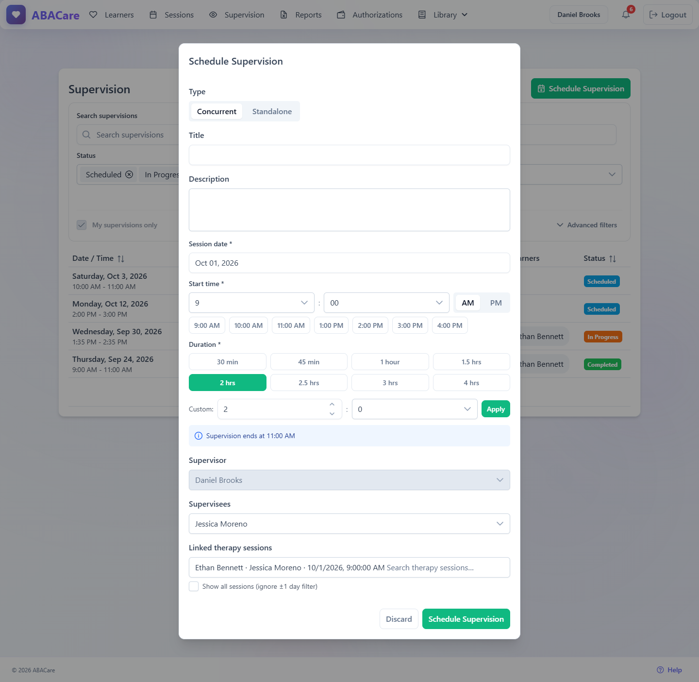 The Schedule Supervision window in the web app with the Concurrent type, supervisee and a linked therapy session