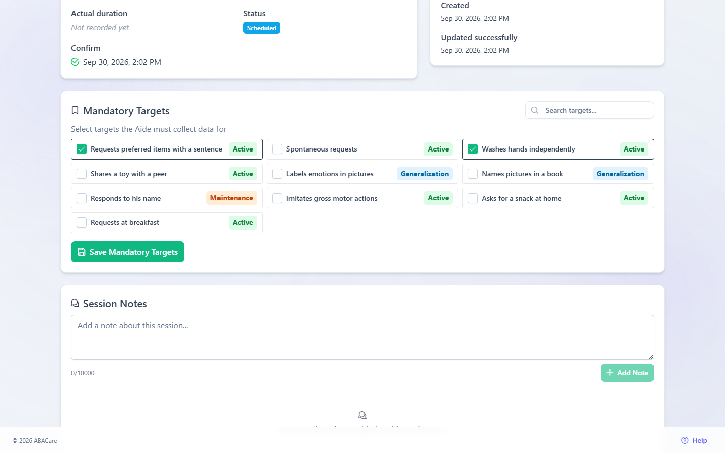 The Mandatory Targets card on a scheduled session in the web app, with two targets ticked and the Save Mandatory Targets button