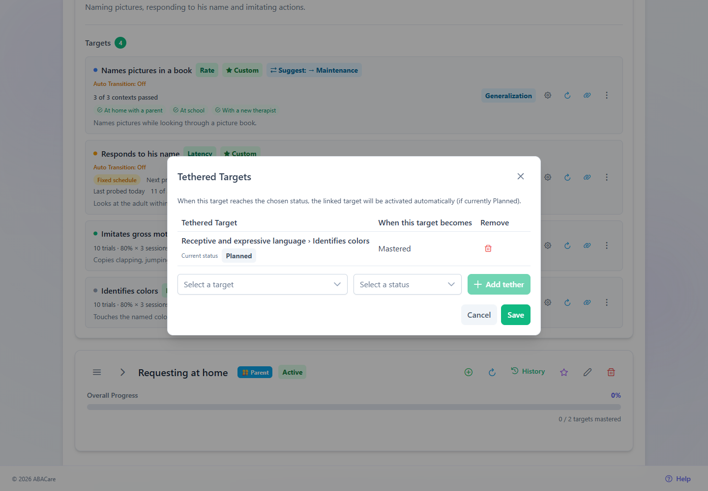 The Tethered Targets window in the web app with a Planned target and the Mastered trigger chosen, and the new tether added to the list
