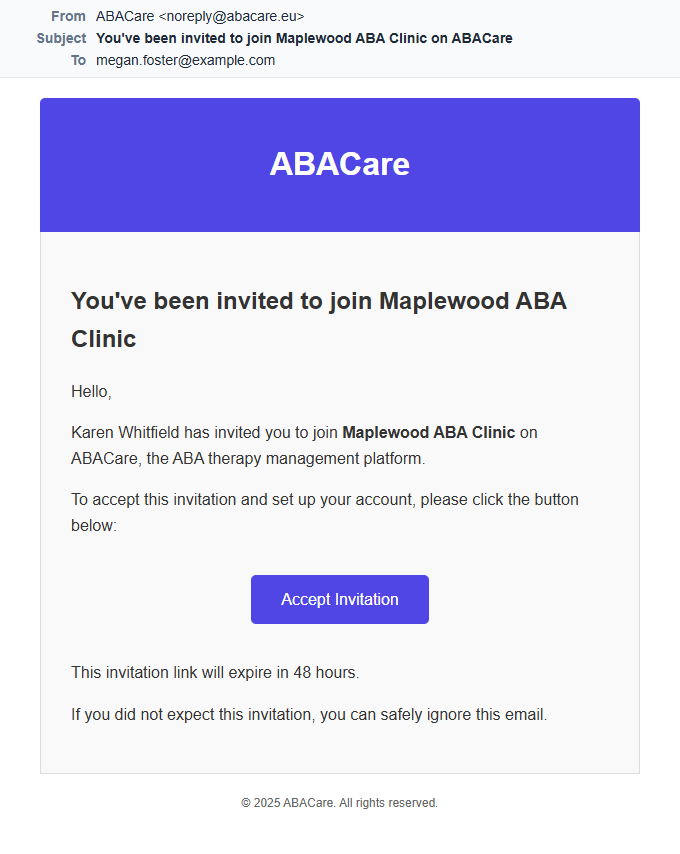 The invitation email from ABACare with the Accept Invitation button