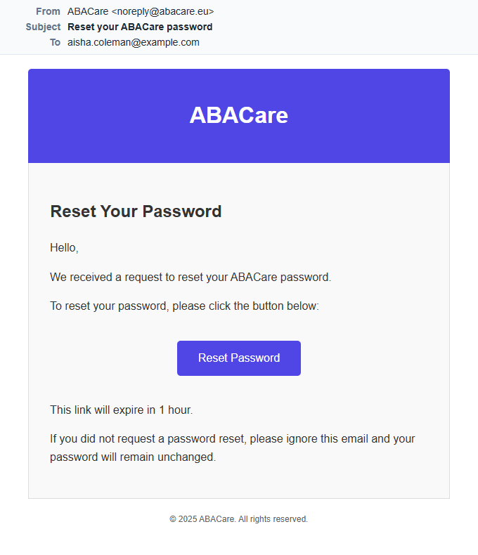 The password reset email from ABACare with the Reset Password button