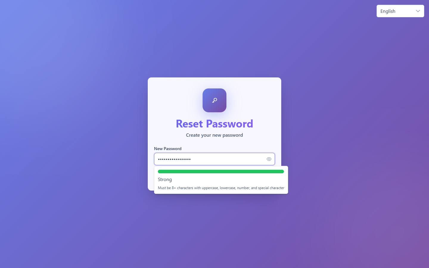 The Reset Password page with the New Password field and its strength meter