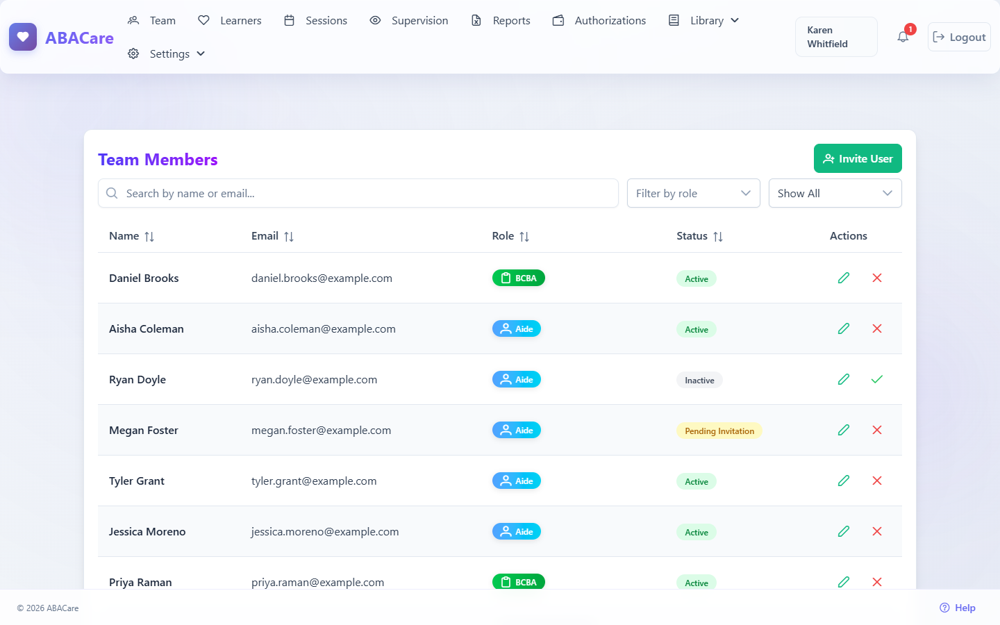The Team page in the web app, listing staff members with their role and status
