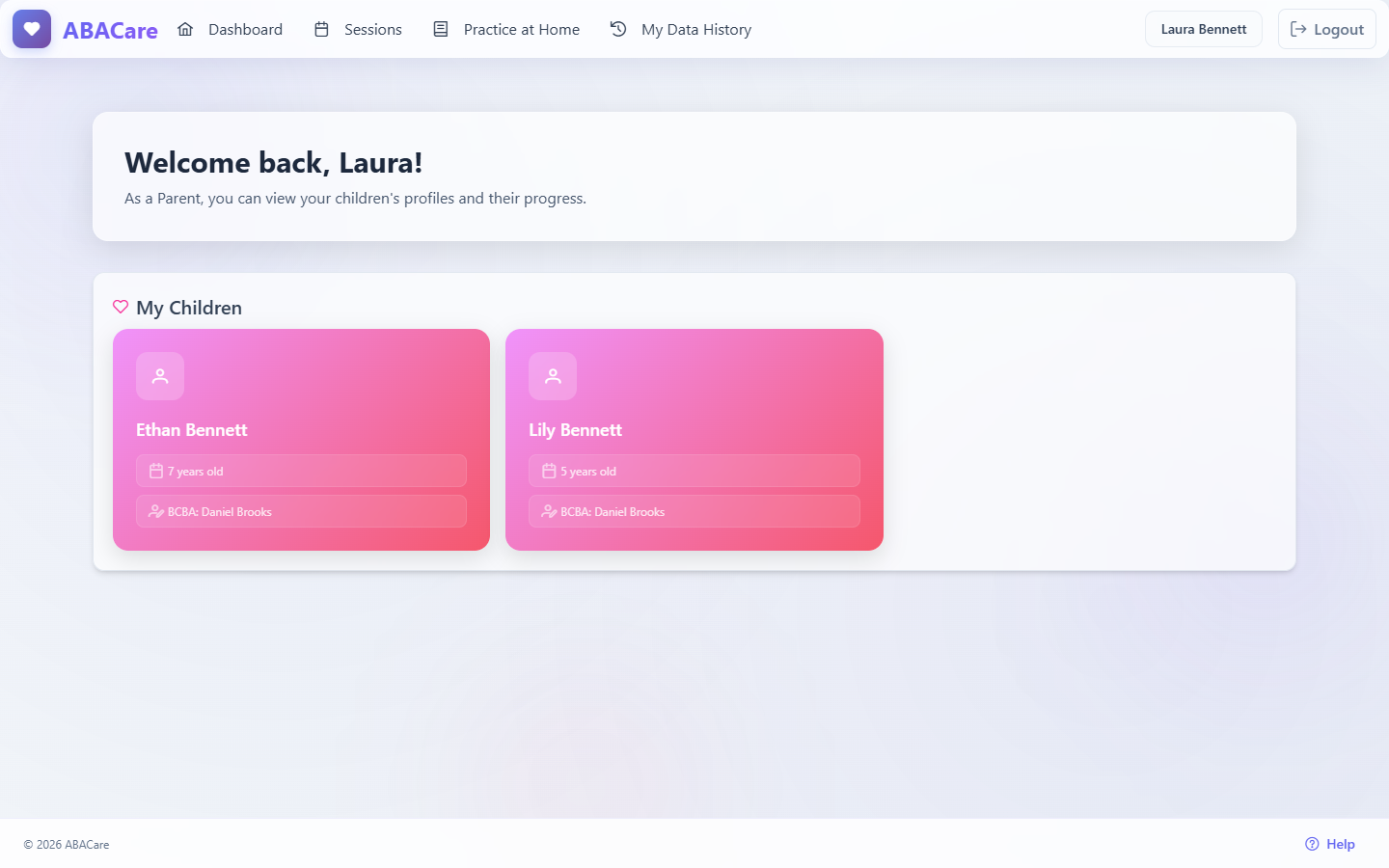 The parent dashboard in the web app, showing a child and the parent menu