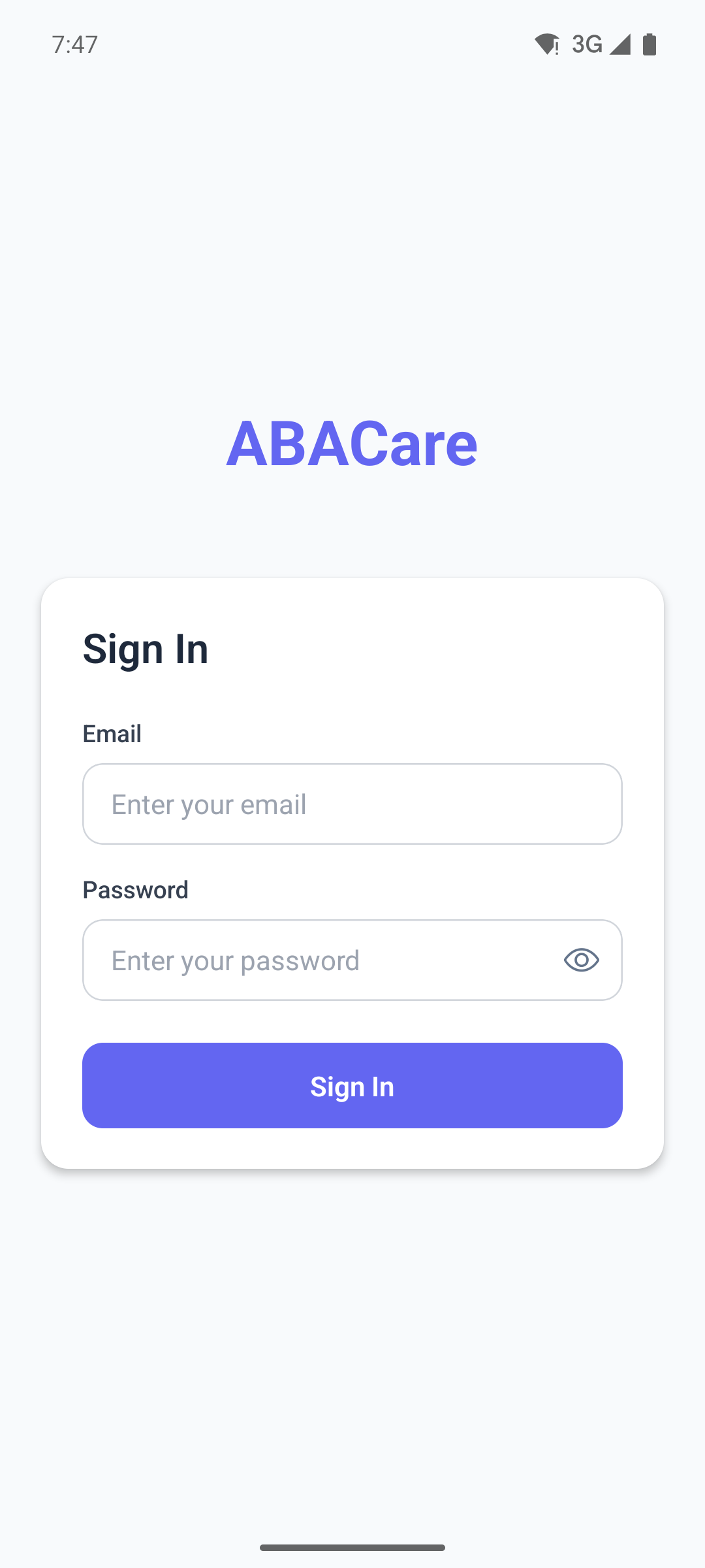 The mobile app sign-in screen with the Email and Password fields