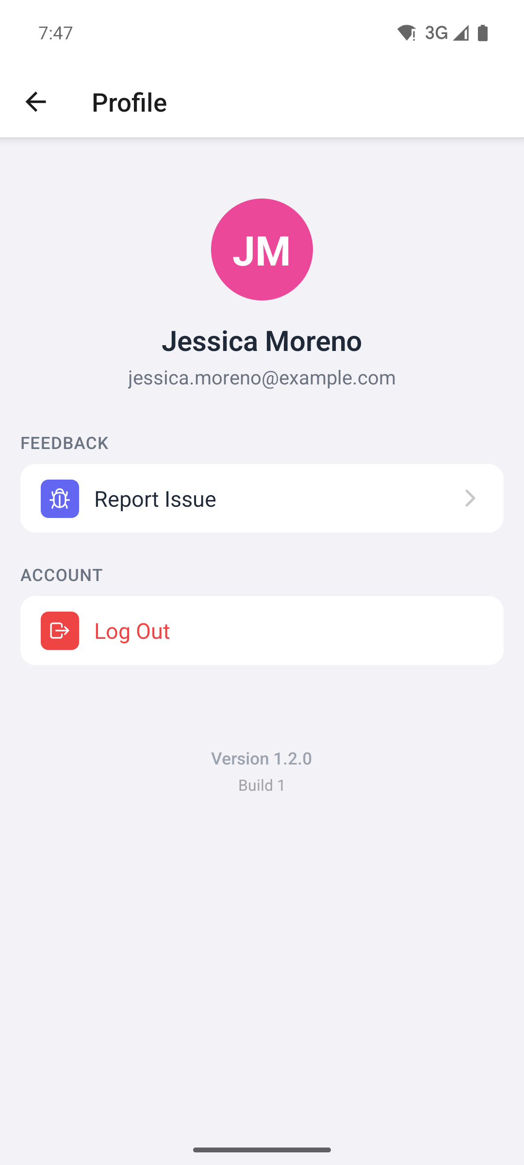 The Profile screen in the mobile app with Log Out under Account