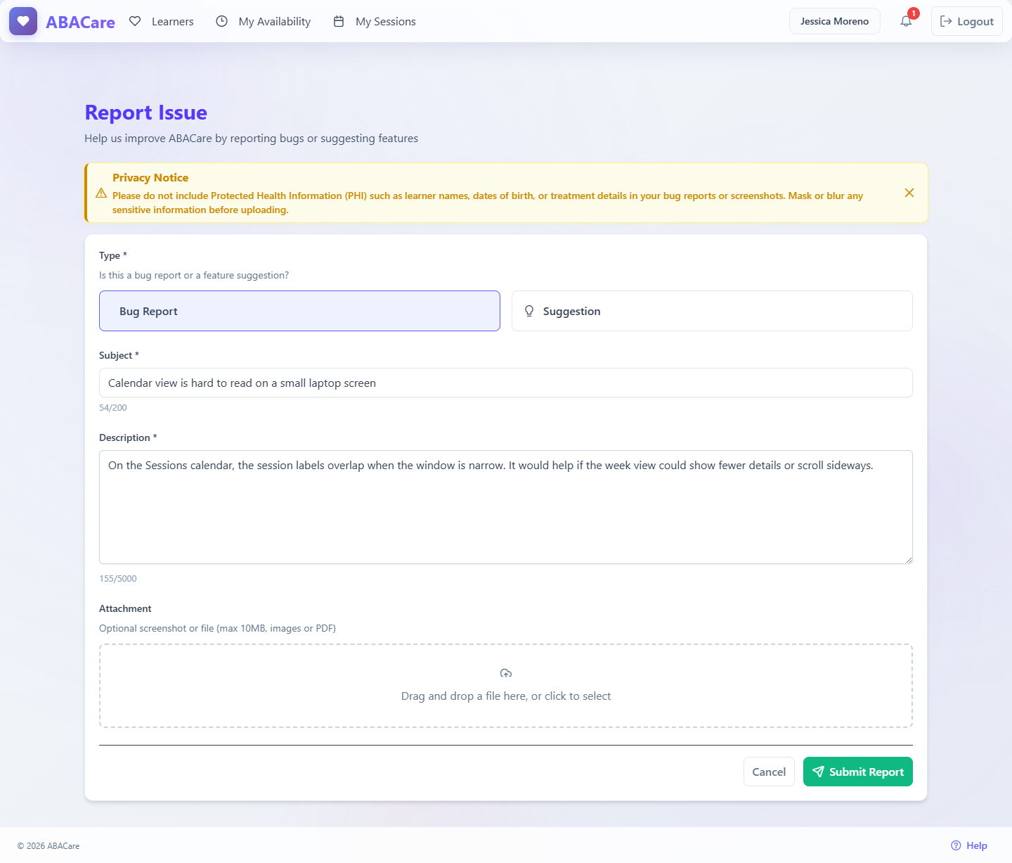 The Report Issue page in the web app with the Type, Subject, Description and Attachment fields