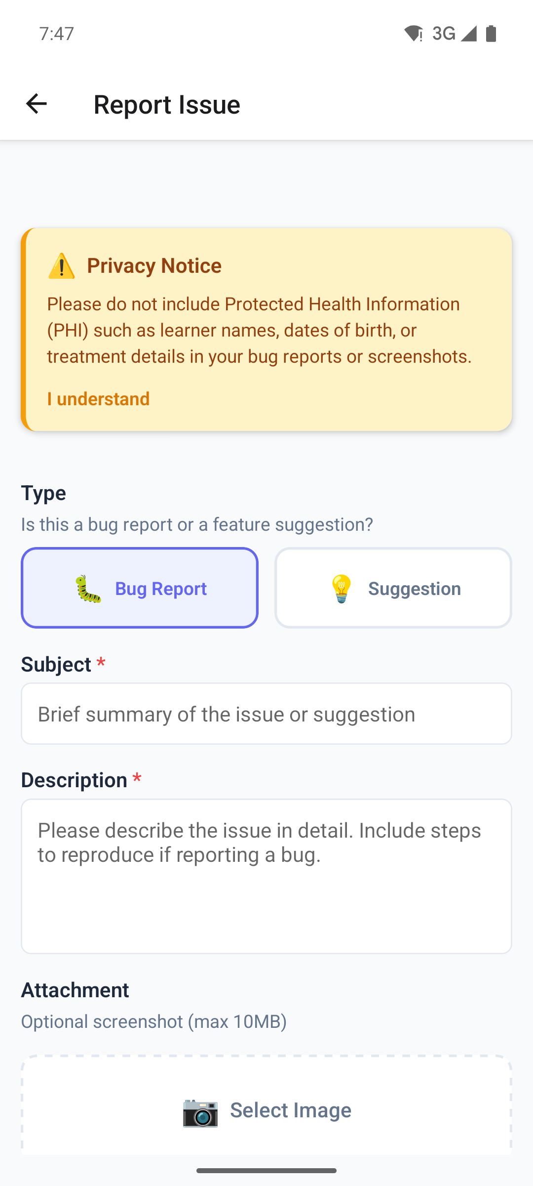 The Report Issue screen in the mobile app with the Bug Report and Suggestion options