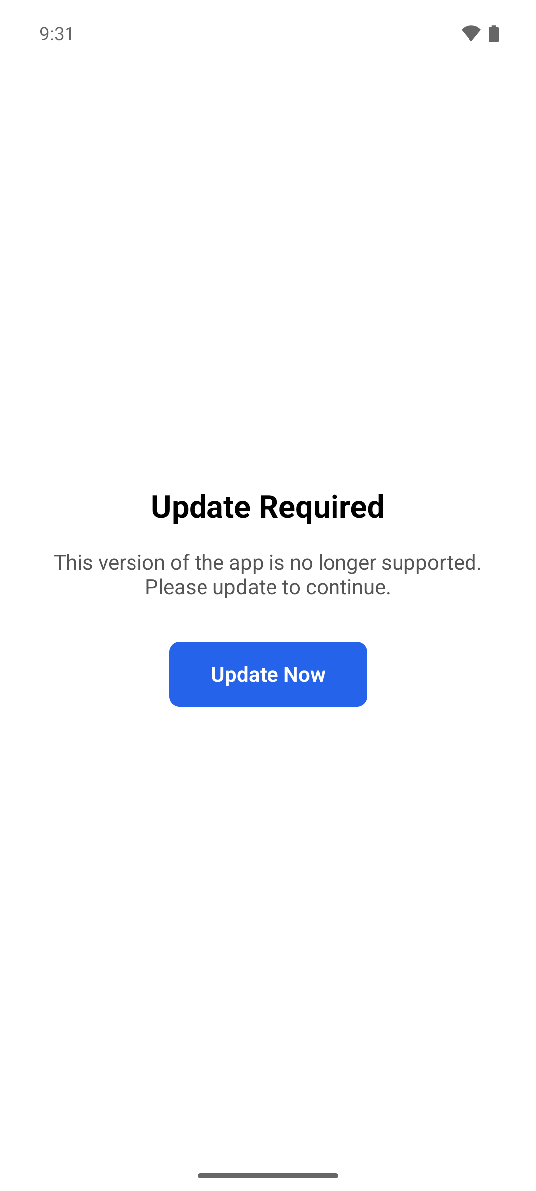 The Update Required screen in the mobile app with the Update Now button