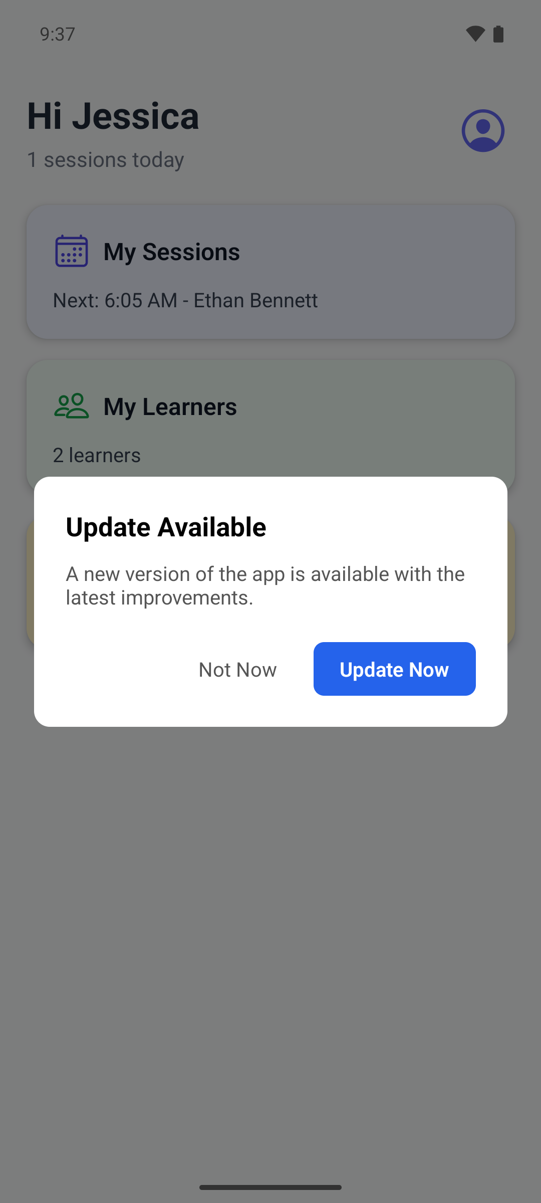 The Update Available window in the mobile app with the Update Now and Not Now buttons