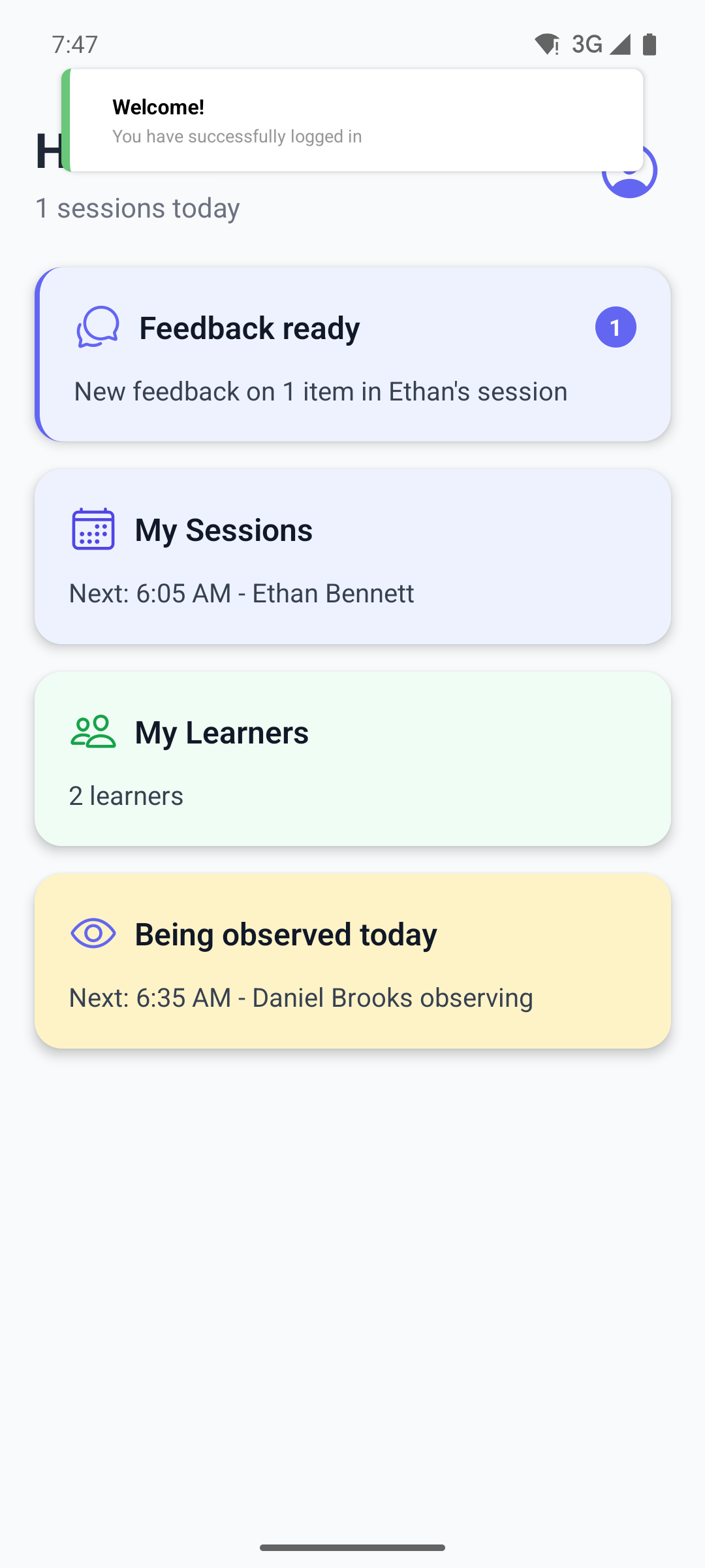 The mobile app home screen for an aide, with the My Sessions and My Learners cards