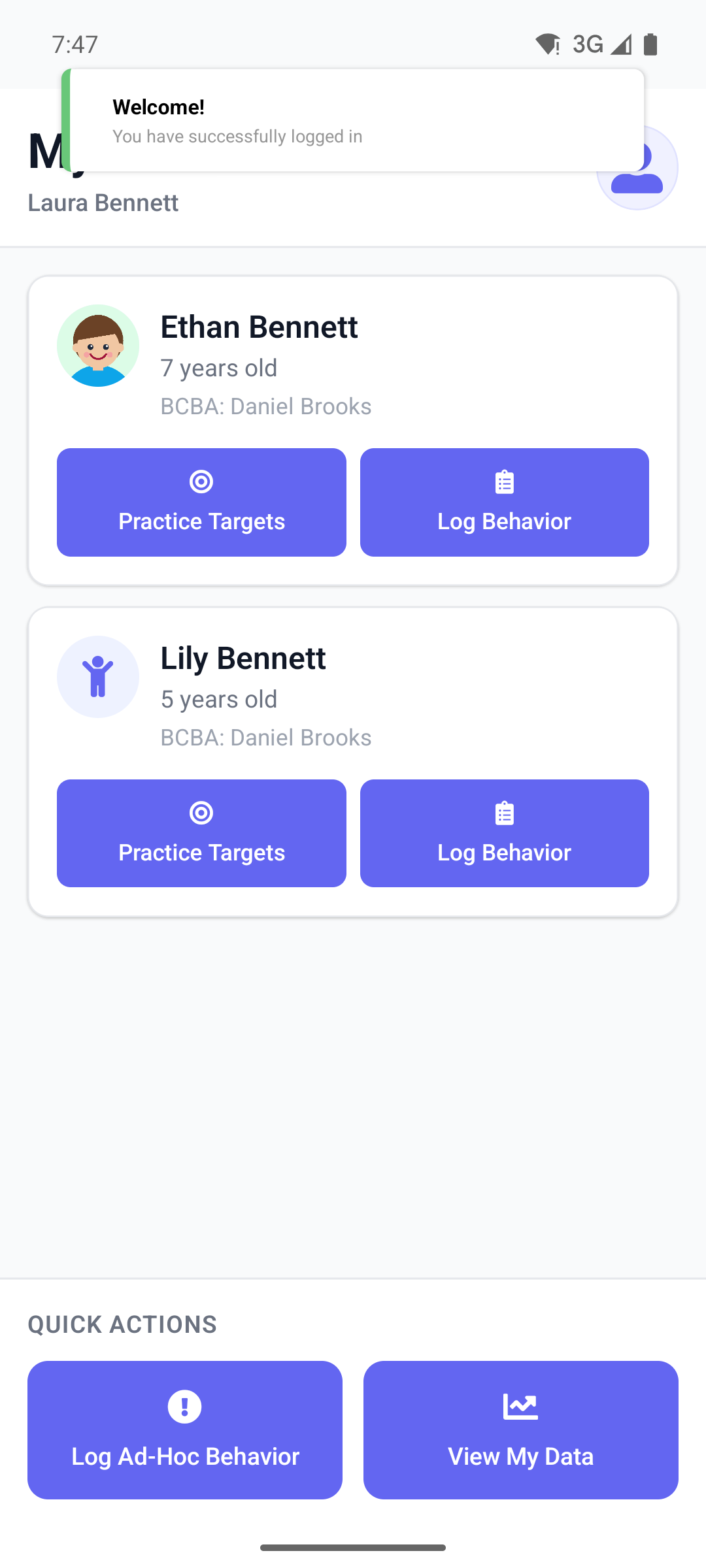 The mobile app home screen for a parent, listing their children