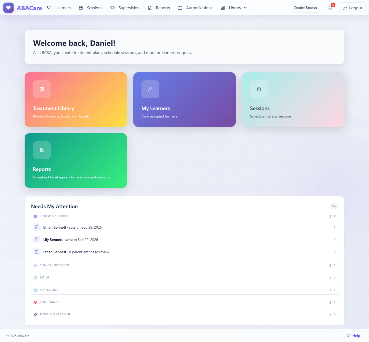 The ABACare web app dashboard for a BCBA, with the main menu across the top
