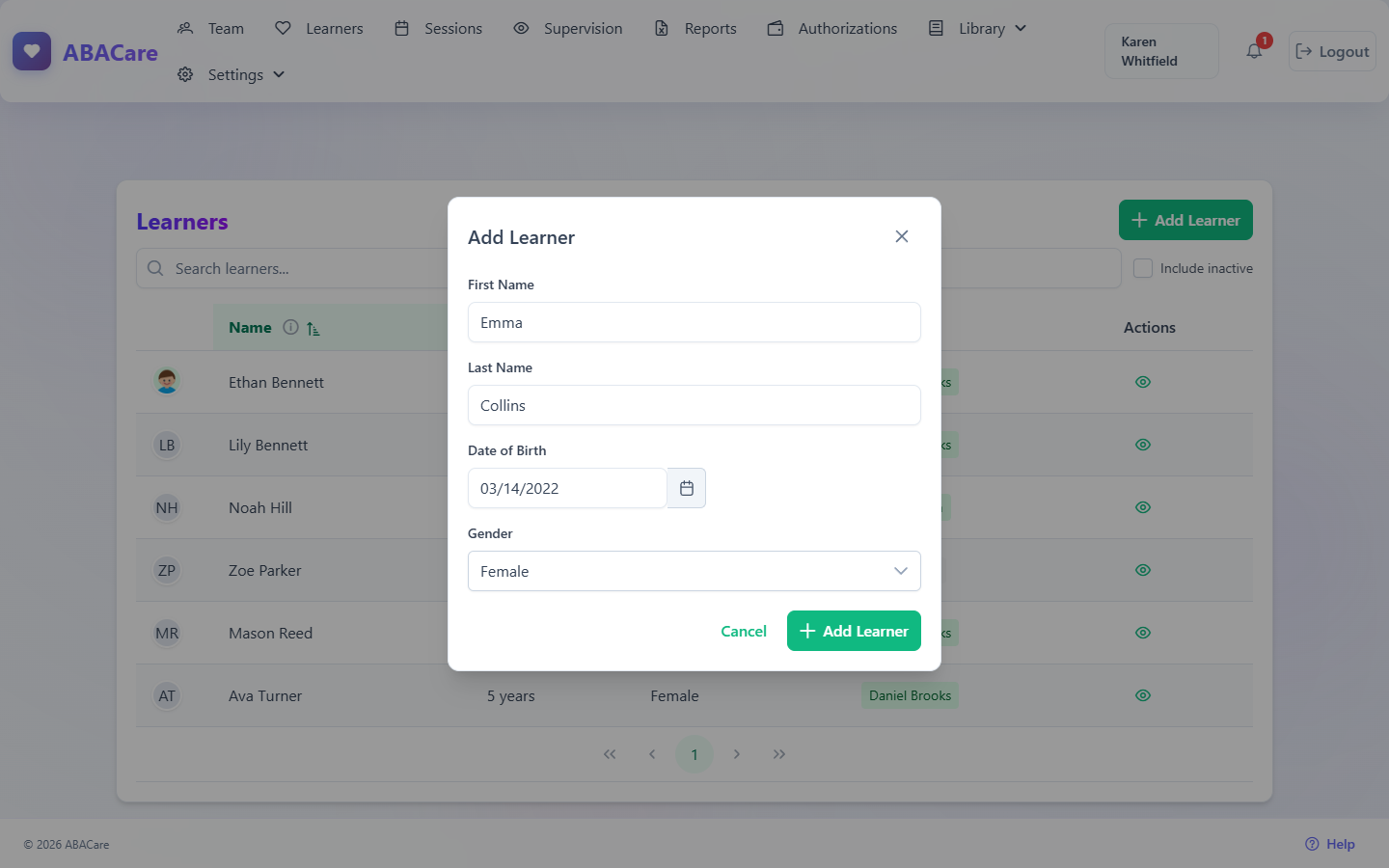 The Add Learner window with first name, last name, date of birth and gender filled in, and the Cancel and Add Learner buttons