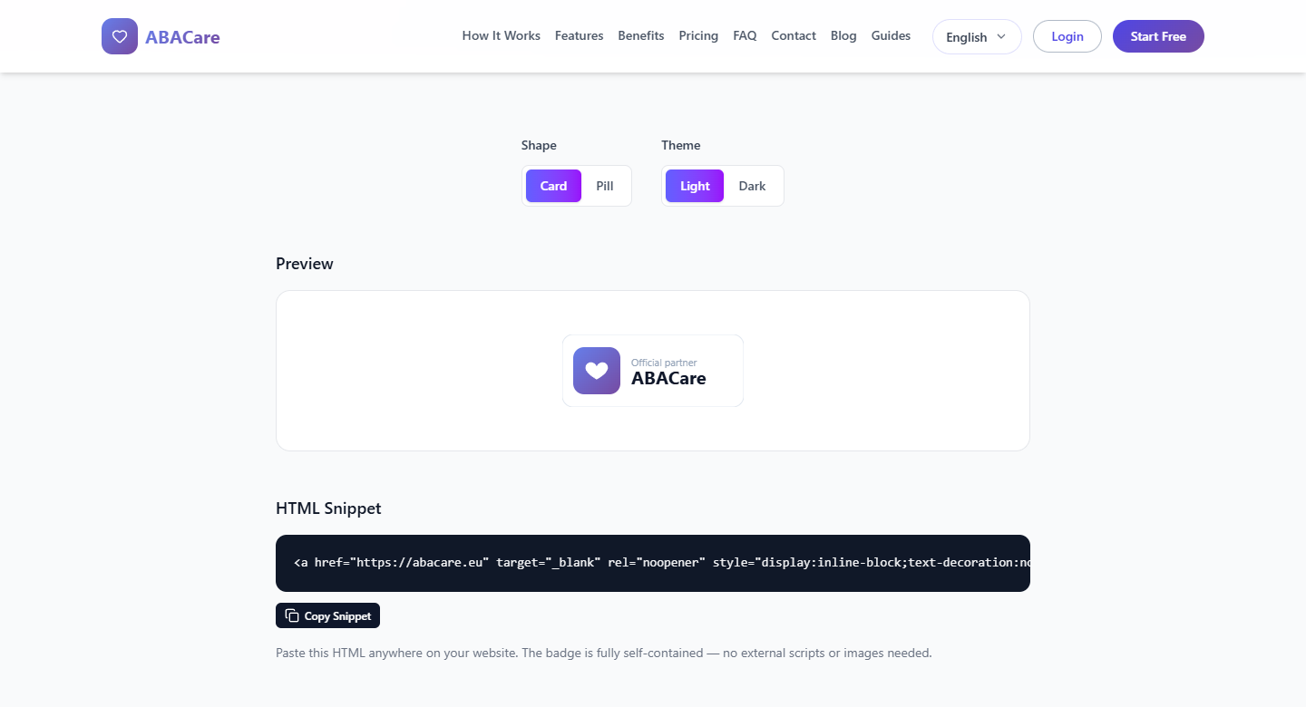 The Partner Badge page with the Shape and Theme choices, the card badge in the light preview and the HTML snippet below