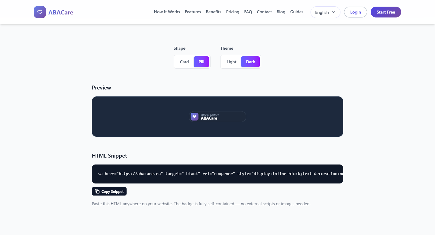 The Partner Badge page with the Pill shape and the Dark theme picked, the pill badge in the dark preview and its HTML snippet
