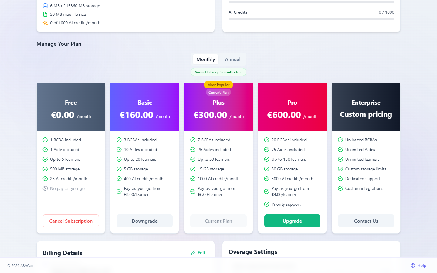 The Manage Your Plan section of the billing page, with the Monthly and Annual choice above the plan cards and the current plan marked