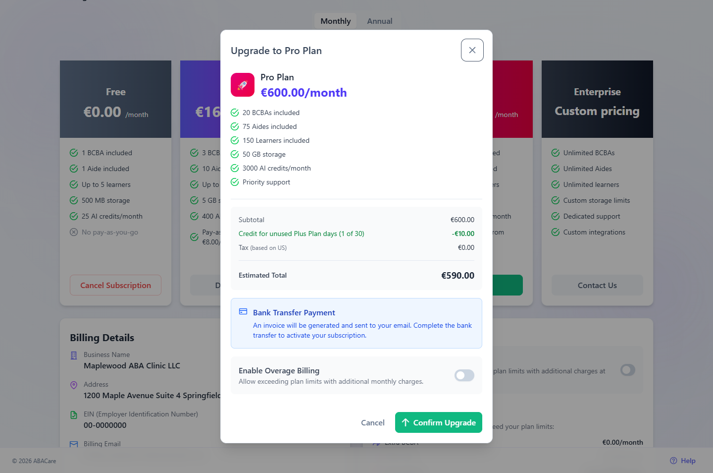 The upgrade window with the plan's price and features, the billing summary with the estimated total, the bank transfer note and the Enable Overage Billing switch
