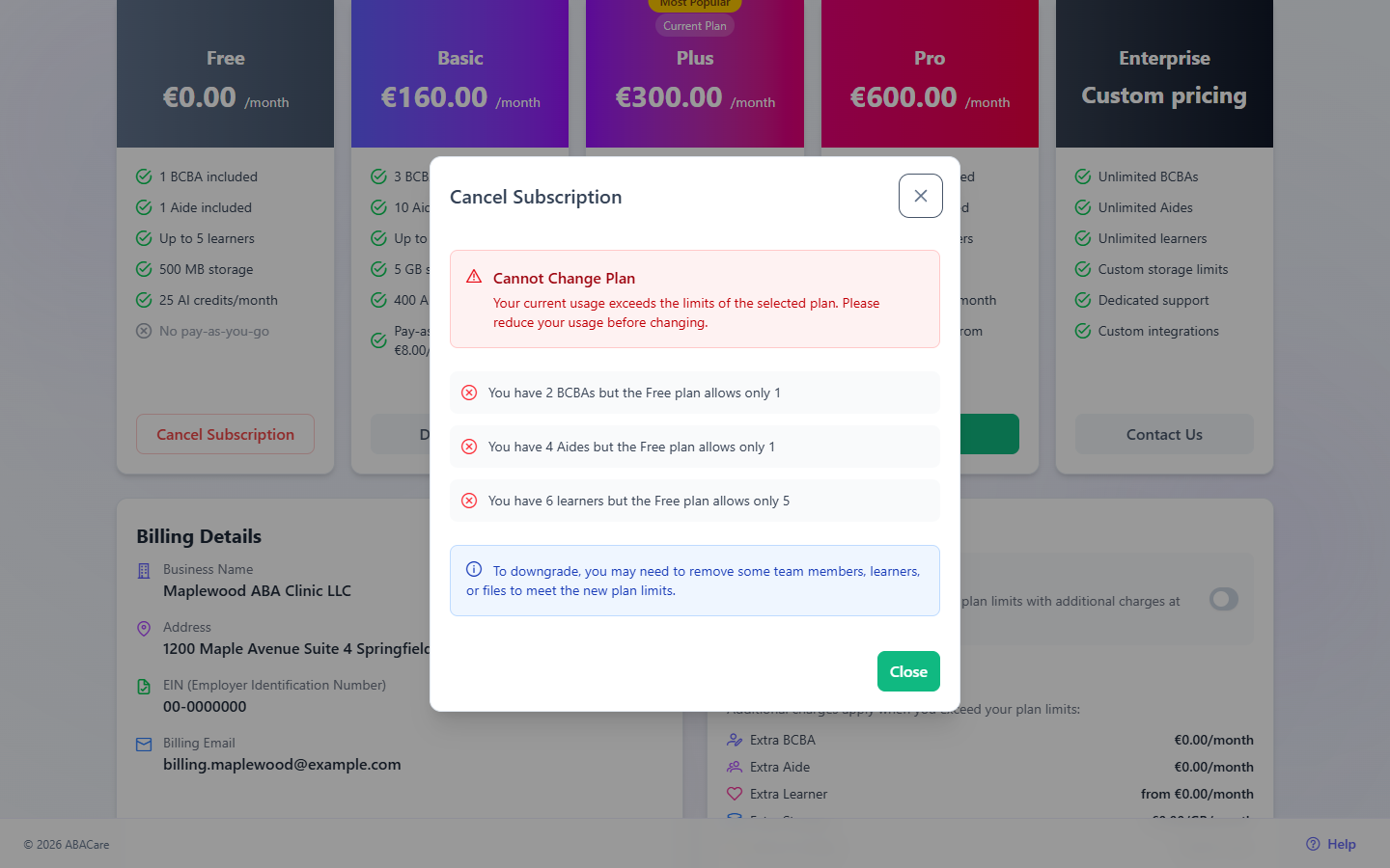 The Cancel Subscription window showing Cannot Change Plan, with the BCBA, aide and learner counts that exceed the Free plan