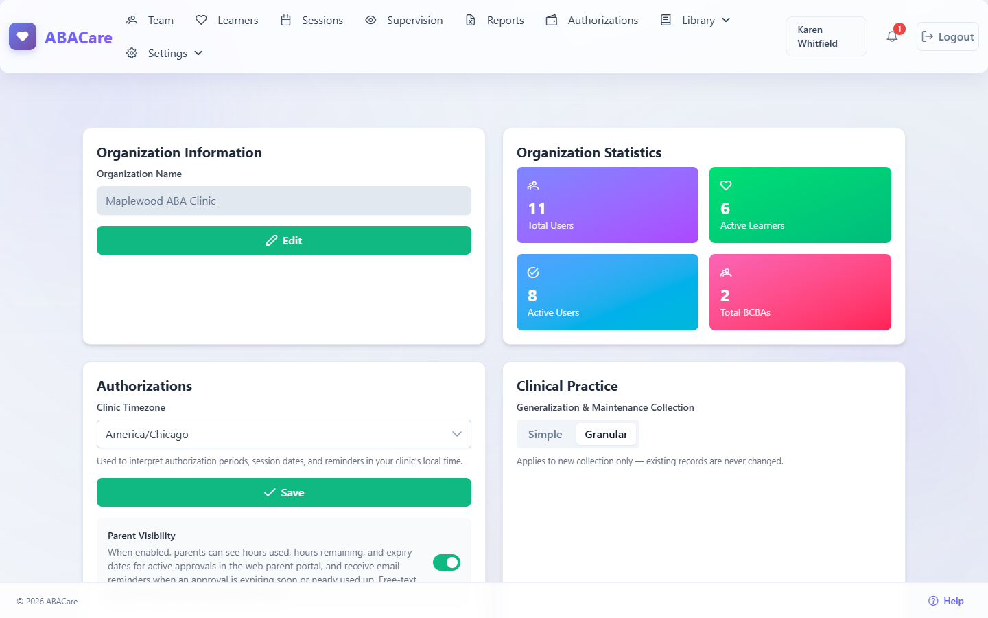 The Clinical Practice card on the organization settings page, with Granular selected under Generalization & Maintenance Collection