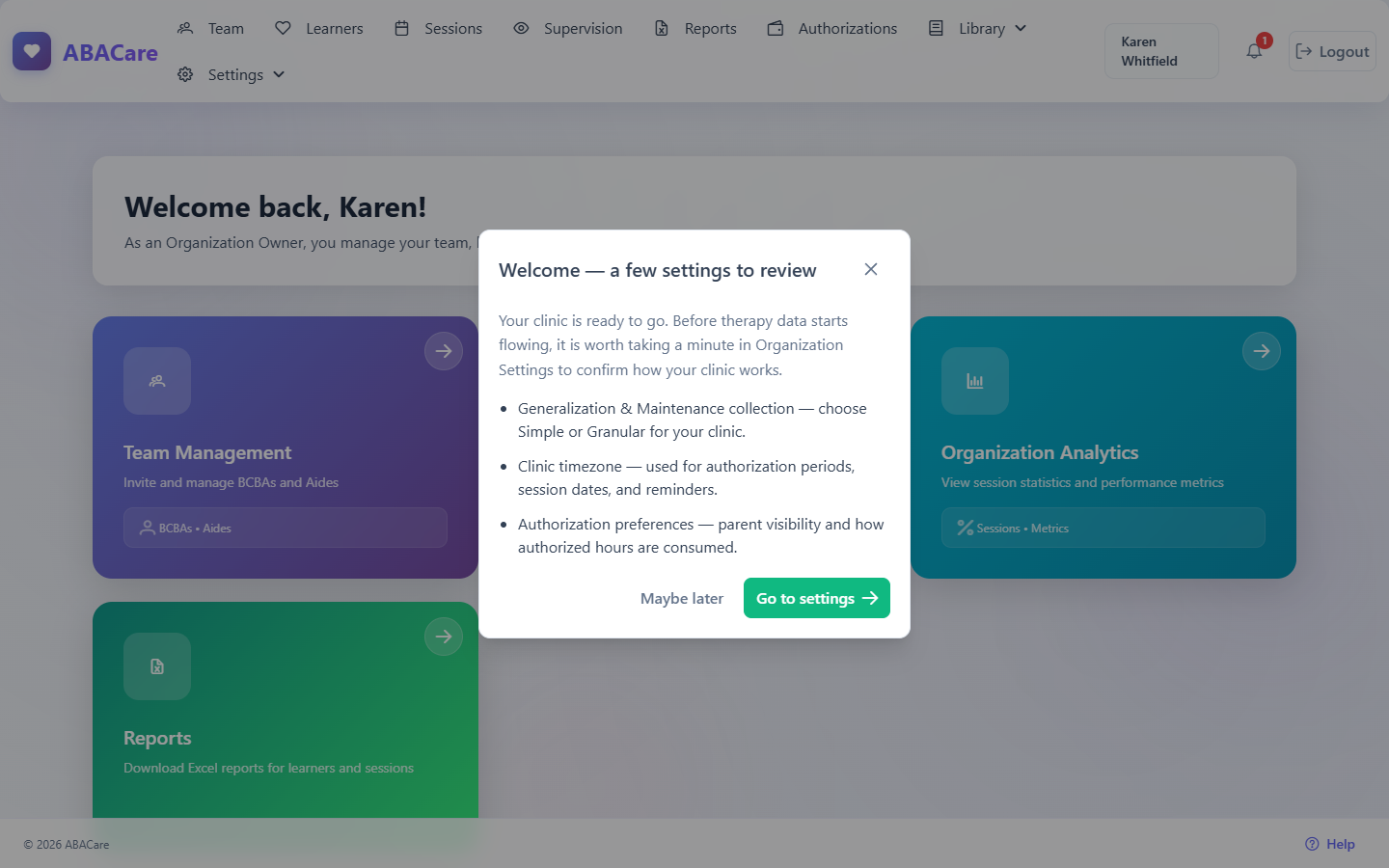 The Welcome — a few settings to review window with its three settings and the Maybe later and Go to settings buttons
