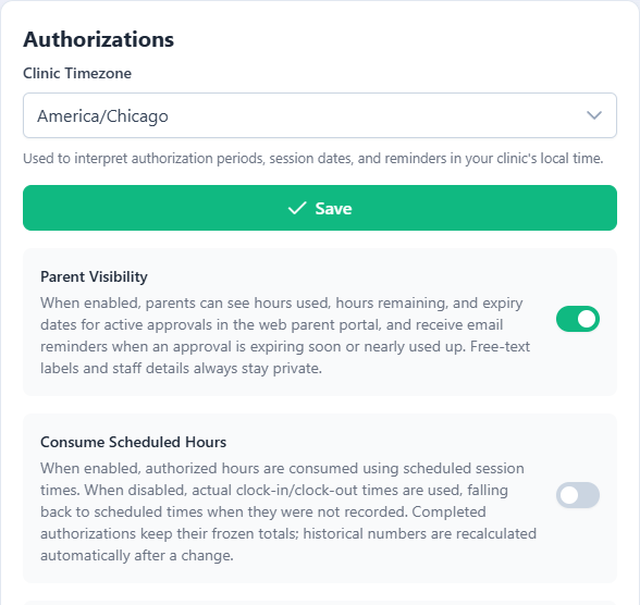 The Authorizations card on the organization settings page, with the Clinic Timezone, the Parent Visibility switch turned on and the Consume Scheduled Hours switch turned off