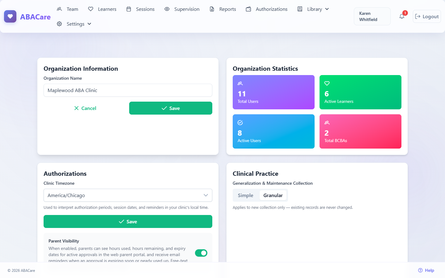 The organization settings page with the Organization Information card in edit mode, Cancel and Save, and the Organization Statistics card beside it