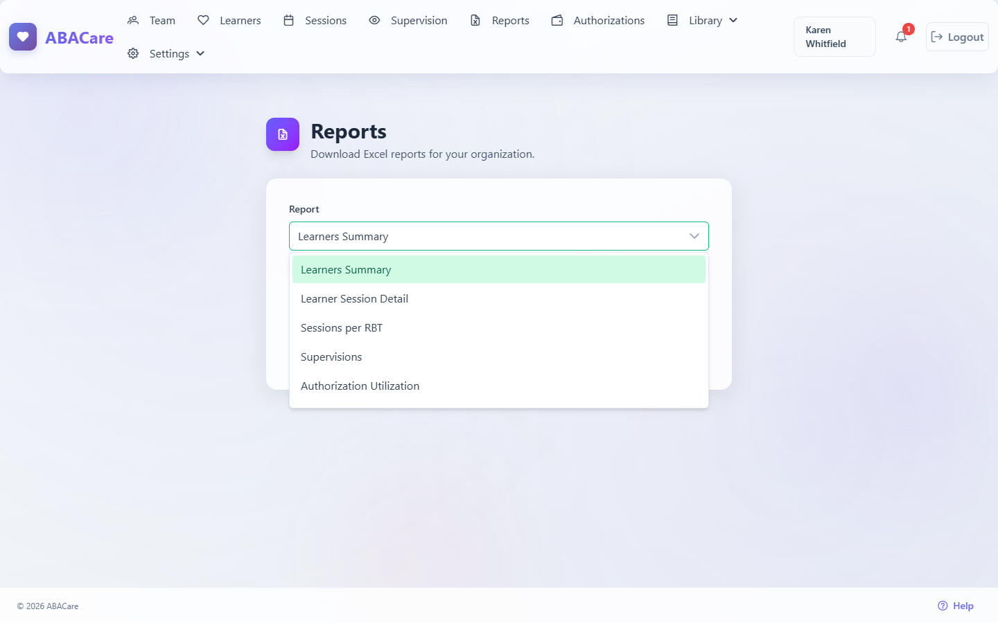 The Reports page of the org owner with the Report list open, showing the six reports