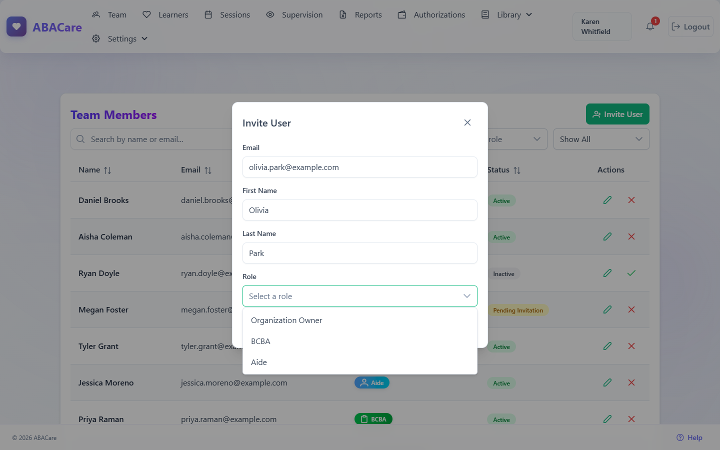 The Invite User window with the email, first name and last name filled in and the Role list open on Organization Owner, BCBA and Aide
