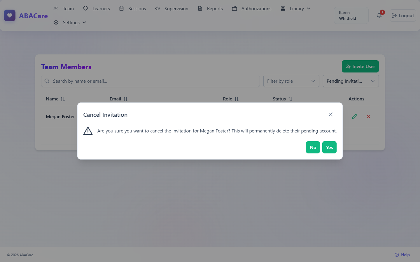 The Cancel Invitation confirmation window naming the invited person, with the Yes and No buttons