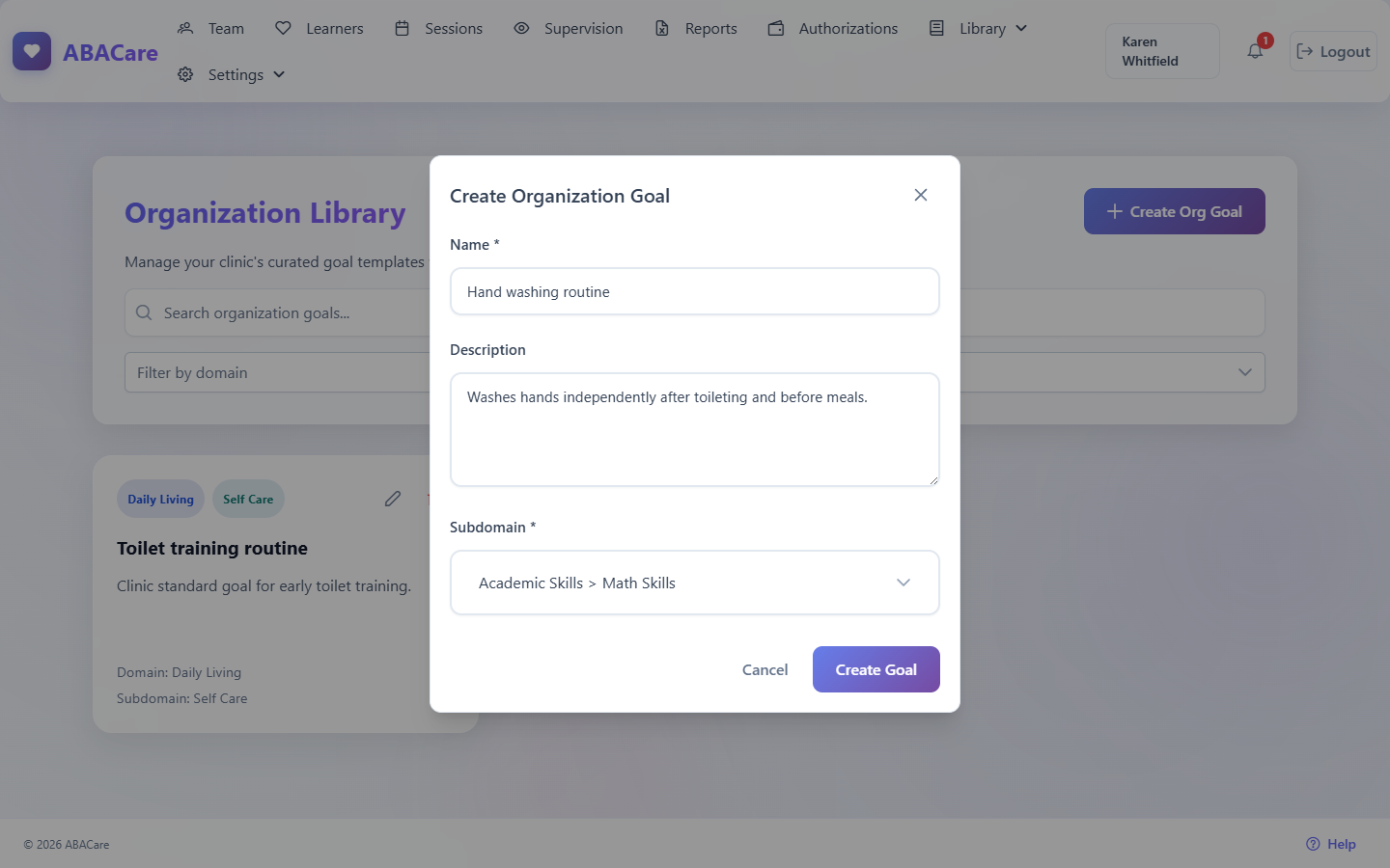 The Create Organization Goal window with a name, a description and a subdomain filled in, and the Cancel and Create Goal buttons