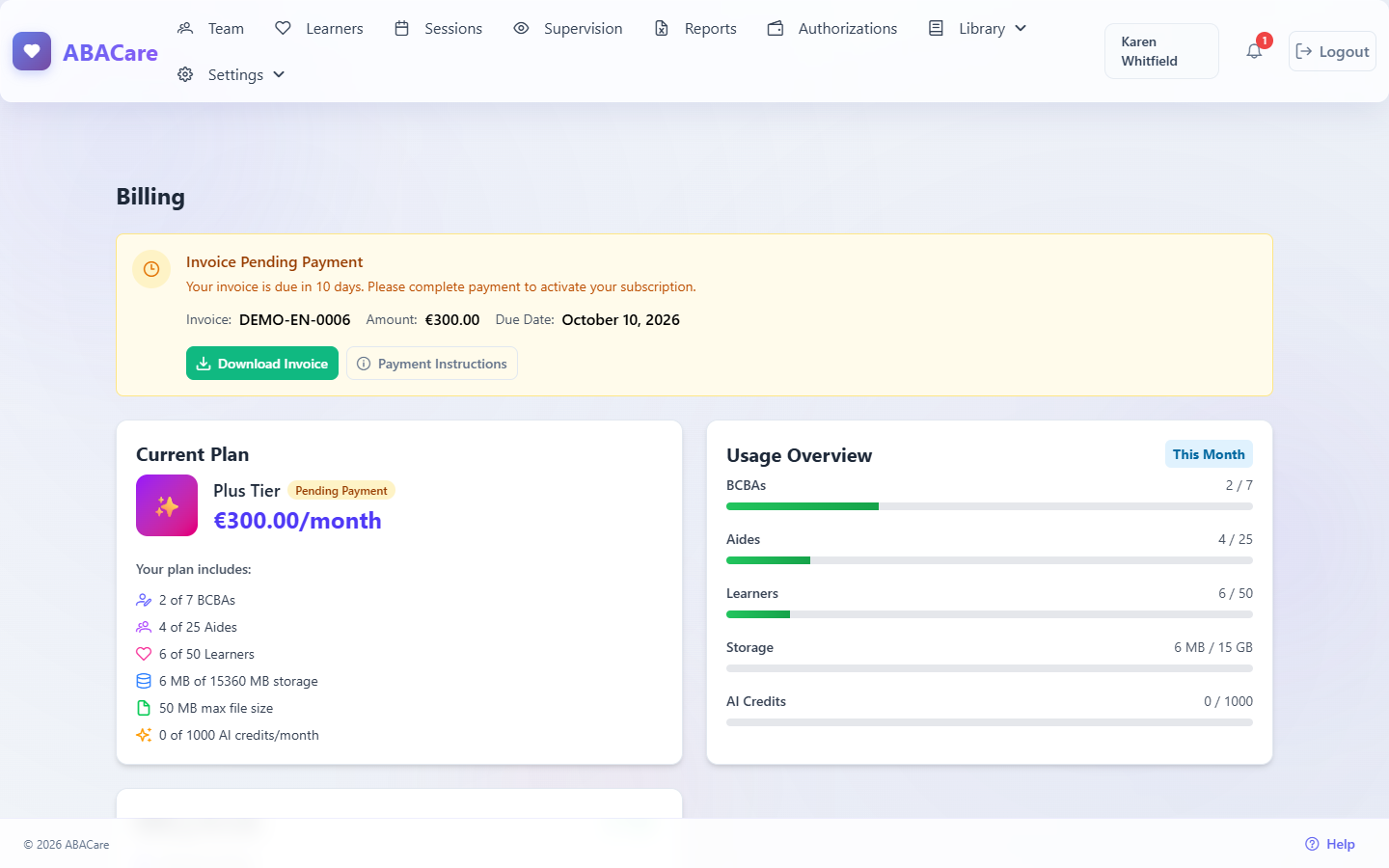The Invoice Pending Payment banner on the billing page with the invoice number, amount and due date, and the Download Invoice and Payment Instructions buttons