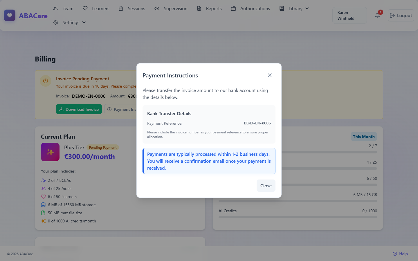 The Payment Instructions window with the invoice number as payment reference and the note on processing time