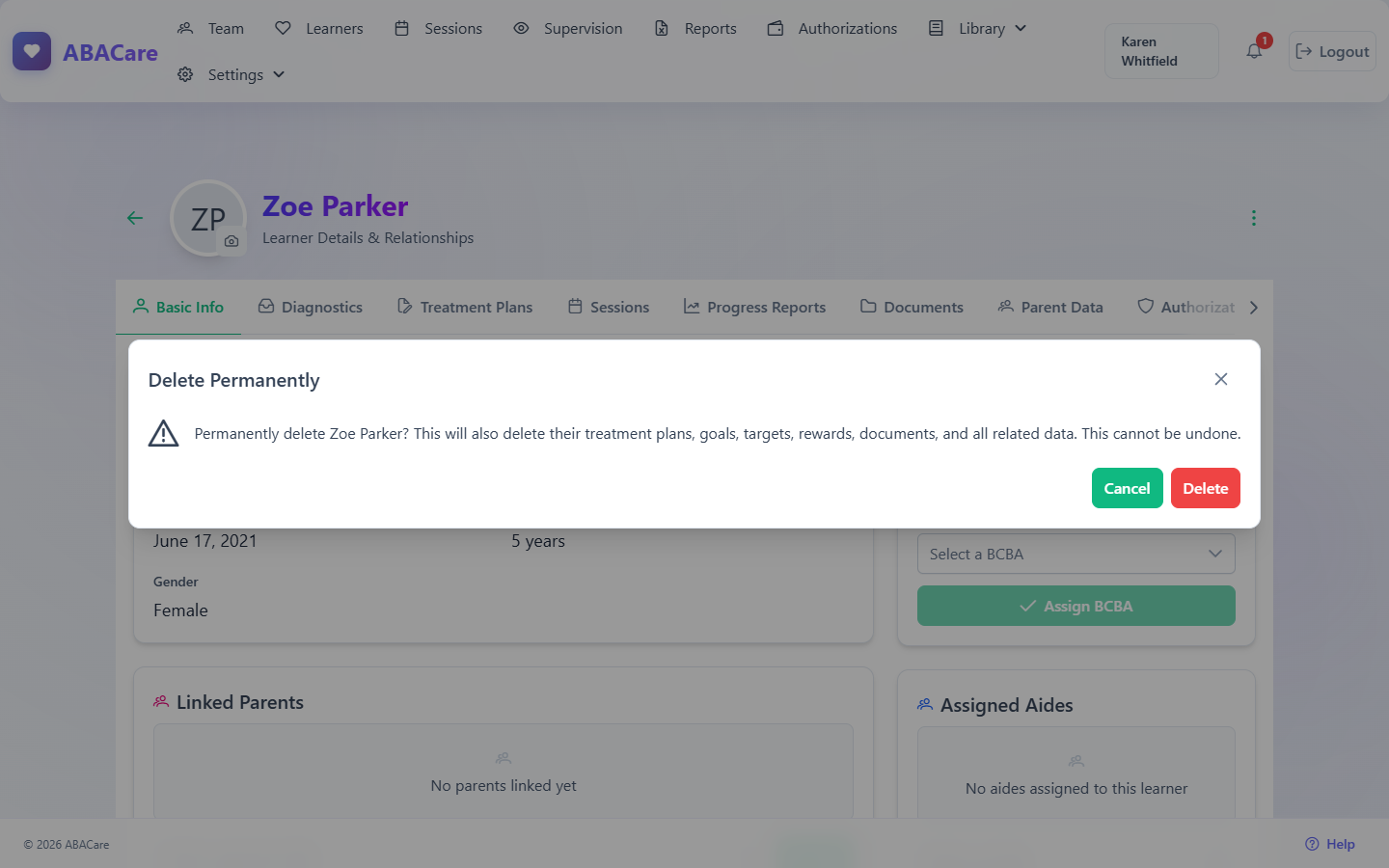 The Delete Permanently confirmation window naming the learner, with Cancel and Delete