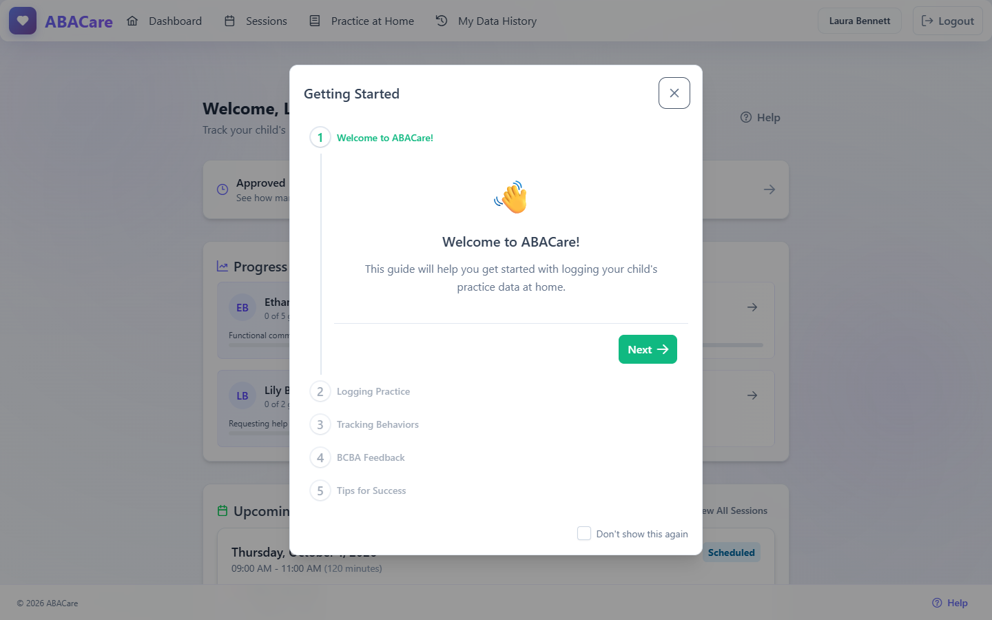 The Getting Started guide open on its first step, Welcome to ABACare!, over the parent Dashboard in the web app