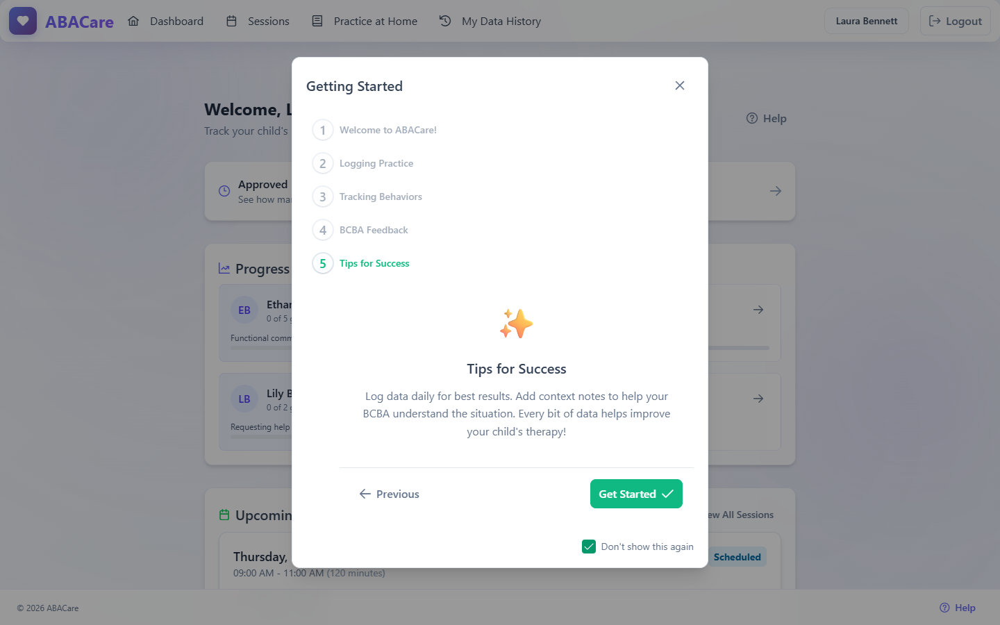The last step of the Getting Started guide, Tips for Success, with Don't show this again ticked and the Get Started button