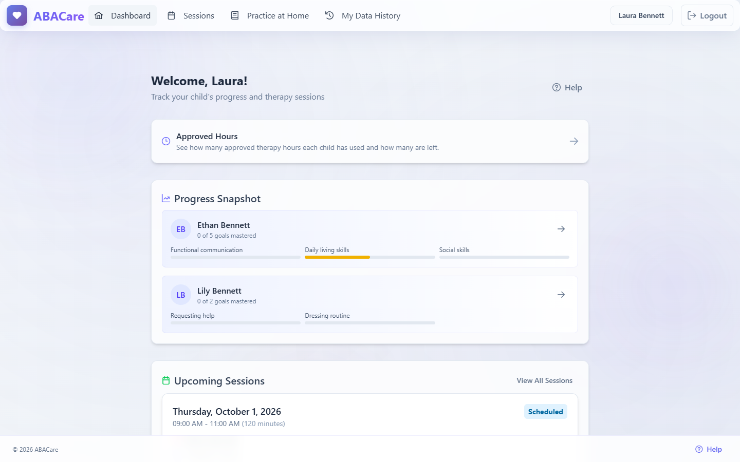 The parent Dashboard in the ABACare web app, with the Dashboard, Sessions, Practice at Home and My Data History menu, the Approved Hours card and the Progress Snapshot