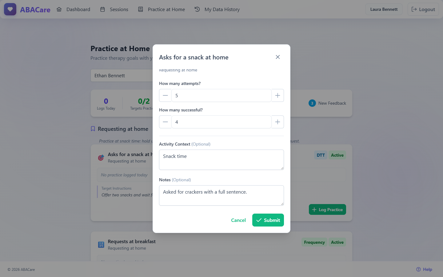 The Log Practice window of a target in the parent web app, with the attempts and successes filled in, the activity context and notes