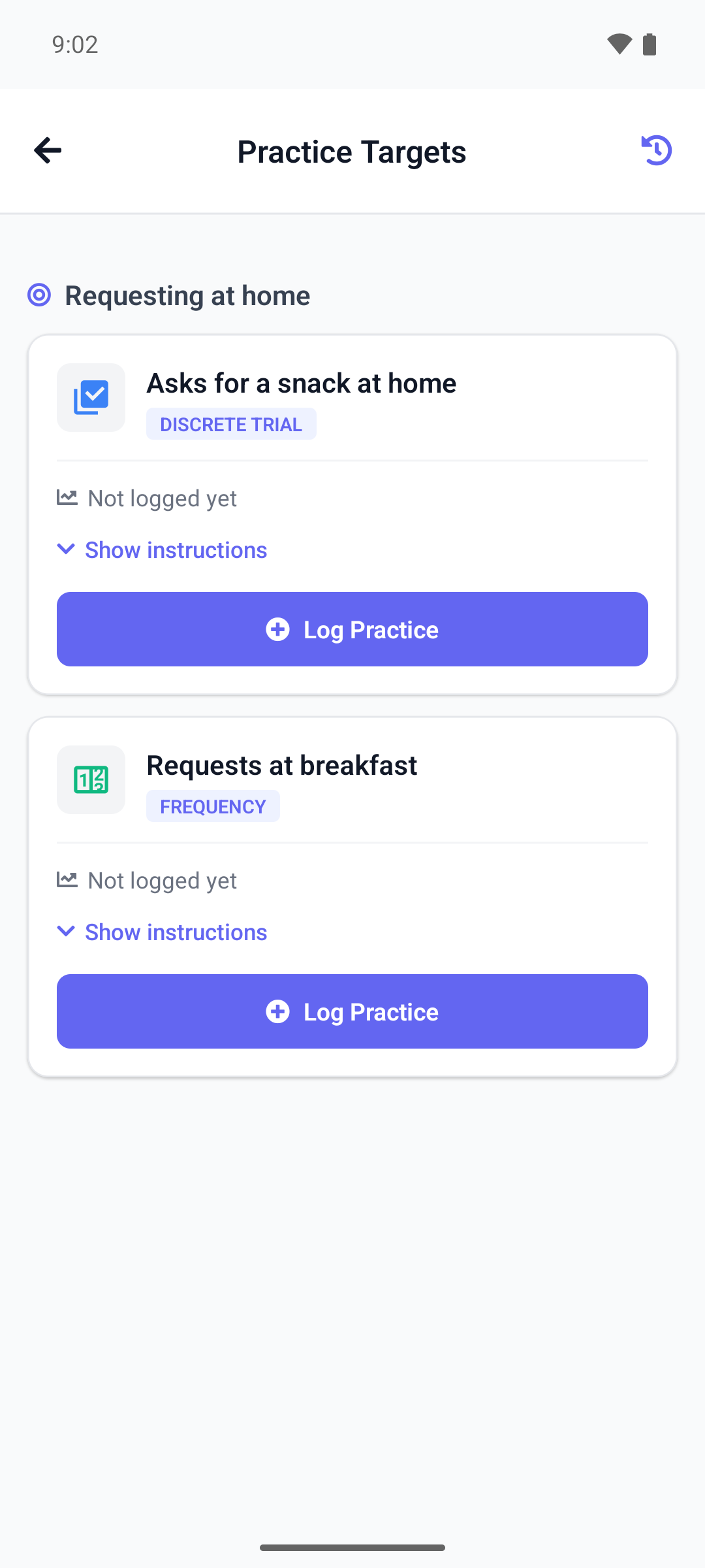 The Practice Targets screen of the mobile app with targets listed under their goal, today's result on each and the Log Practice button
