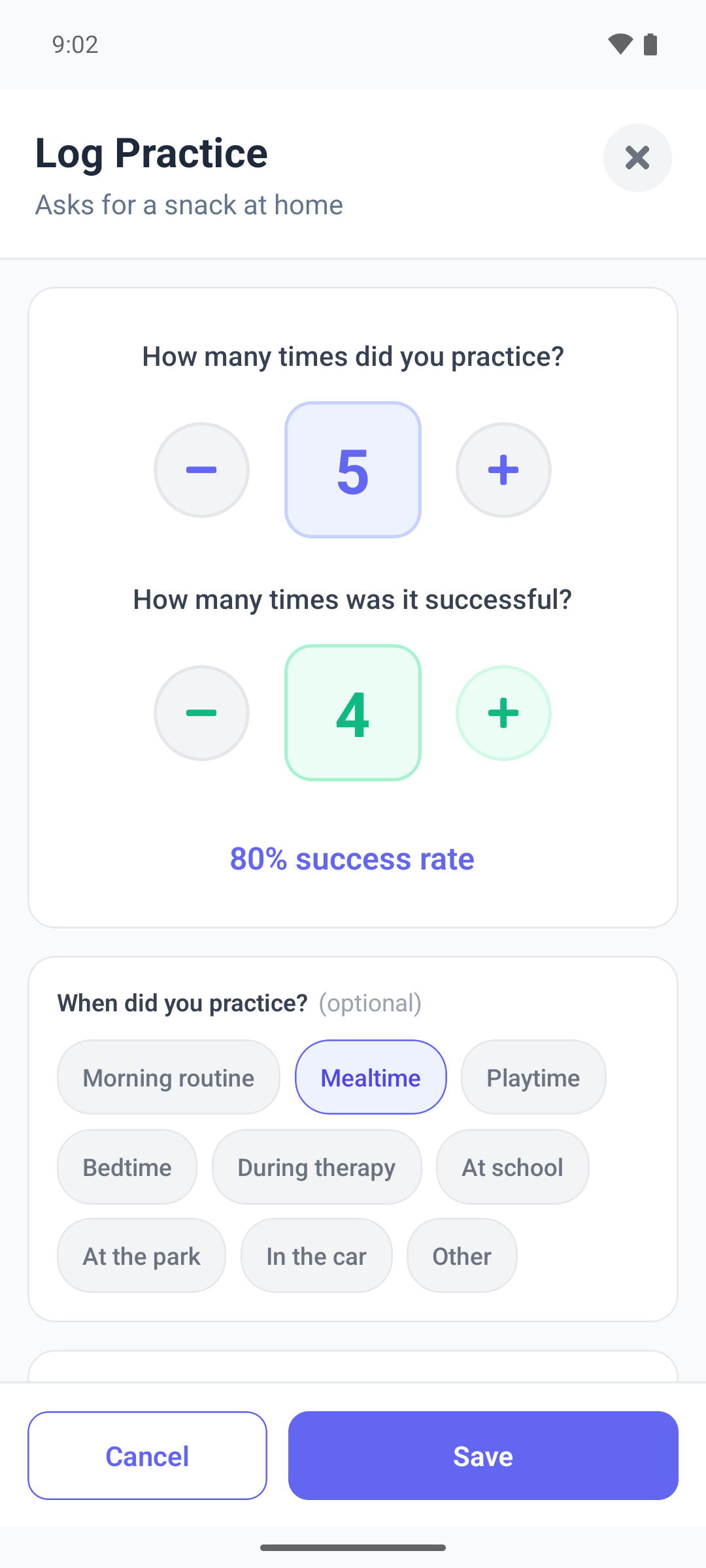 The Log Practice window in the mobile app with the plus and minus counters for practice tries and successes and the When did you practice? choices