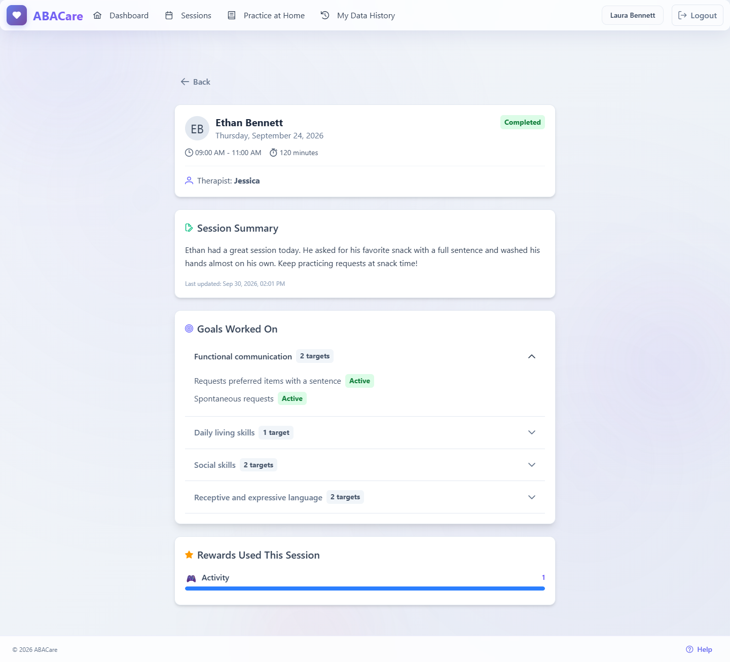 The Session Details page in the parent web app with the Session Summary note, Goals Worked On with one goal open on its targets, and Rewards Used This Session